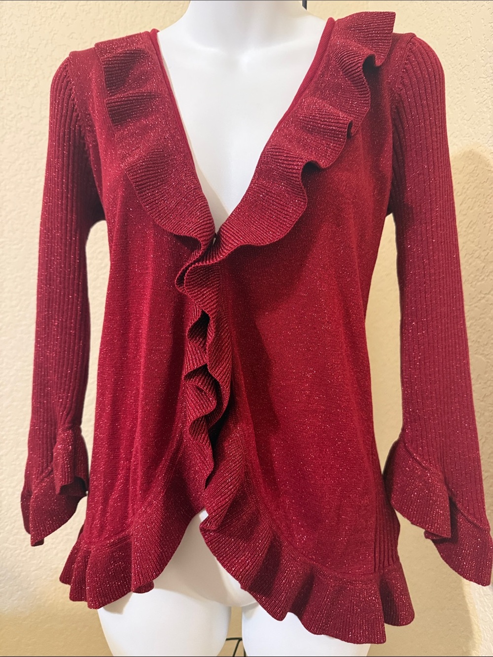 Nine West Sparkle Ruffle Cardigan in Deep Red